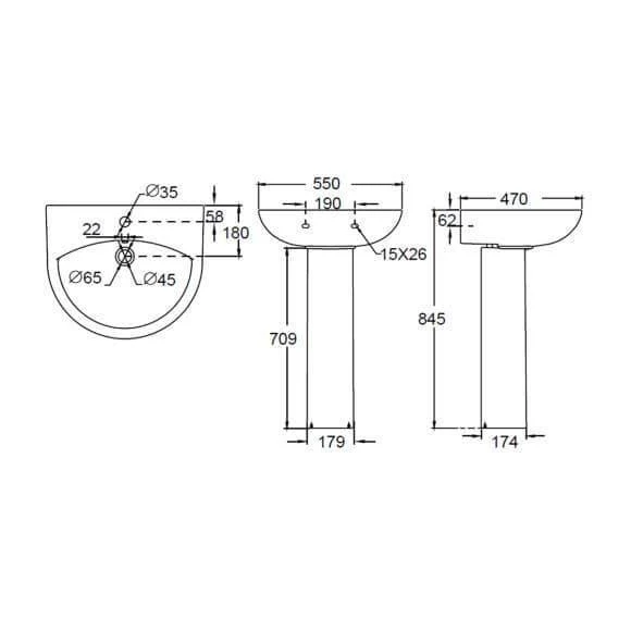 Oceana Croft 550x470mm Basin & Pedestal (1 Tap Hole) - Image 3