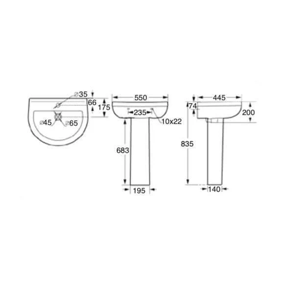 Oceana Harlech 550x445mm Basin & Pedestal (1 Tap Hole) - Image 4